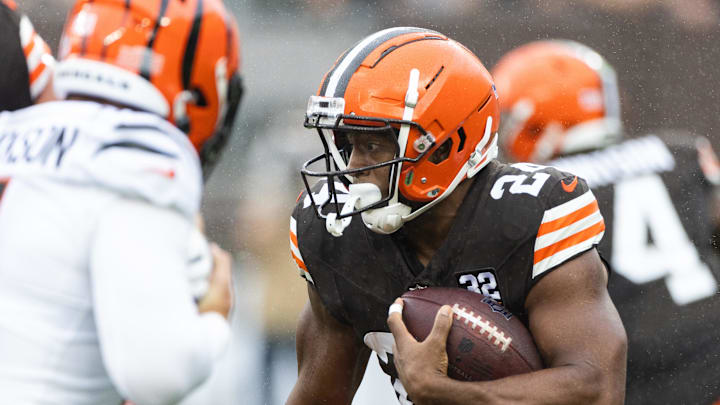 Sep 10, 2023; Cleveland, Ohio, USA; Cleveland Browns running back Nick Chubb (24) runs the ball against the Cincinnati Bengals during the first quarter at Cleveland Browns Stadium. Mandatory Credit: Scott Galvin-Imagn Images