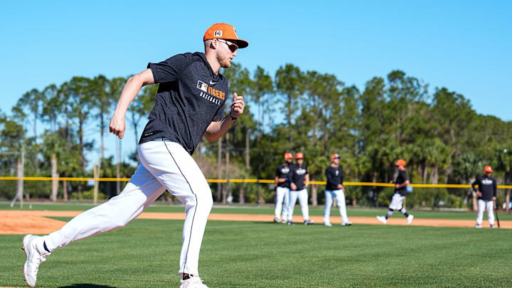 Detroit Tigers outfielder Parker Meadows runs a drill during spring training at TigerTown in Lakeland, Fla. on Monday, Feb. 17, 2025.