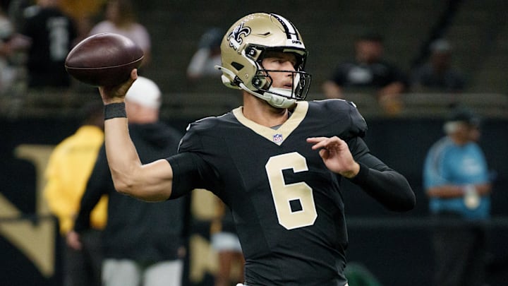 Aug 17, 2025; New Orleans, Louisiana, USA; New Orleans Saints quarterback Tyler Shough (6) warms up before a game against the Jacksonville Jaguars at Caesars Superdome. Mandatory Credit: Matthew Hinton-Imagn Images