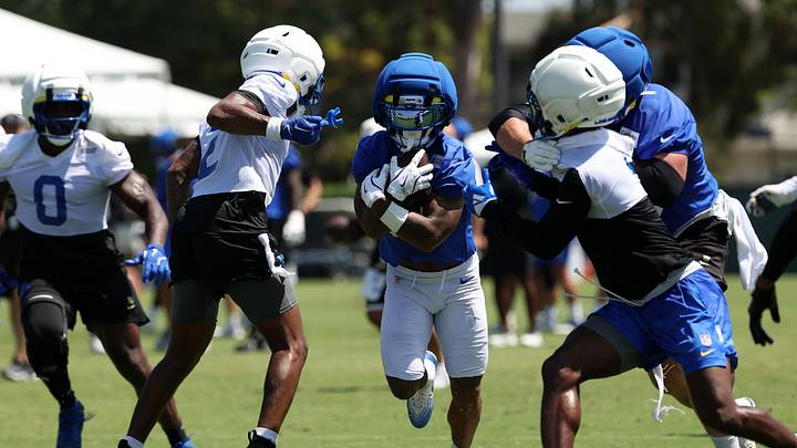 Jul 29, 2026; Los Angeles, CA, USA; Los Angeles Rams running back Kyren Williams (23) runs with the ball during training camp at Loyola Marymount University. Mandatory Credit: Kiyoshi Mio-Imagn Images Jul 29, 2026; Los Angeles, CA, USA; Los Angeles Rams running back Kyren Williams (23) runs with the ball during training camp at Loyola Marymount University. Mandatory Credit: Kiyoshi Mio-Imagn Images