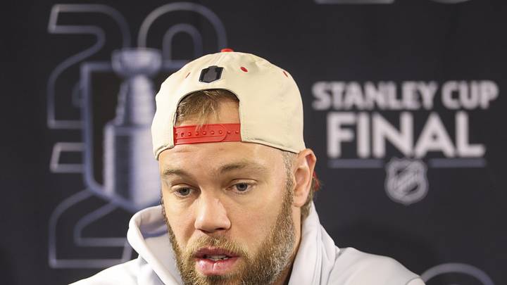 Jun 3, 2026; Raleigh, North Carolina, USA; Carolina Hurricanes left wing Taylor Hall (71) during a press conference for the 2026 Stanley Cup Final at Lenovo Center. Mandatory Credit: Nathan Ray Seebeck-Imagn Images