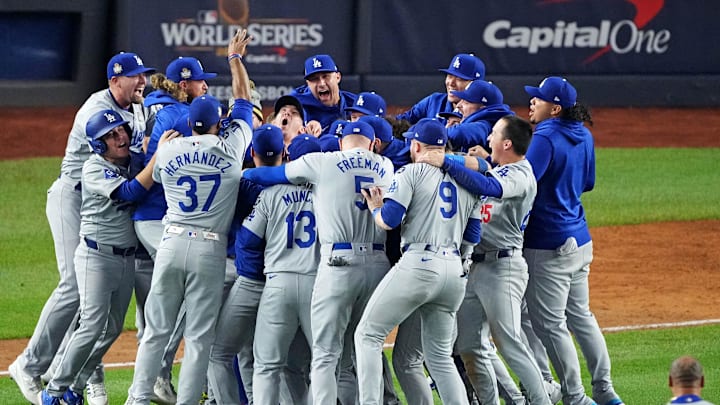 Oct 30, 2024; New York, New York, USA; The Los Angeles Dodgers celebrate after beating the New York Yankees in game four to win the 2024 MLB World Series at Yankee Stadium. Mandatory Credit: Robert Deutsch-Imagn Images Oct 30, 2024; New York, New York, USA; The Los Angeles Dodgers celebrate after beating the New York Yankees in game four to win the 2024 MLB World Series at Yankee Stadium. Mandatory Credit: Robert Deutsch-Imagn Images
