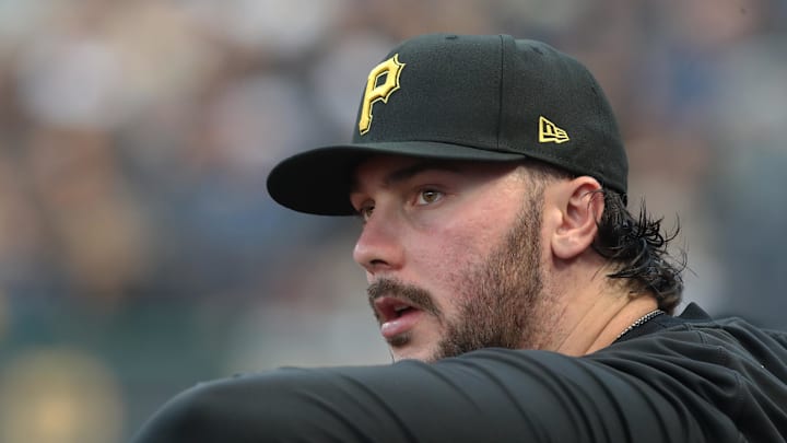 Sep 2, 2025; Pittsburgh, Pennsylvania, USA;  Pittsburgh Pirates  pitcher Paul Skenes (30) looks from the dugout against the Los Angeles Dodgers during the third inning at PNC Park. Mandatory Credit: Charles LeClaire-Imagn Images