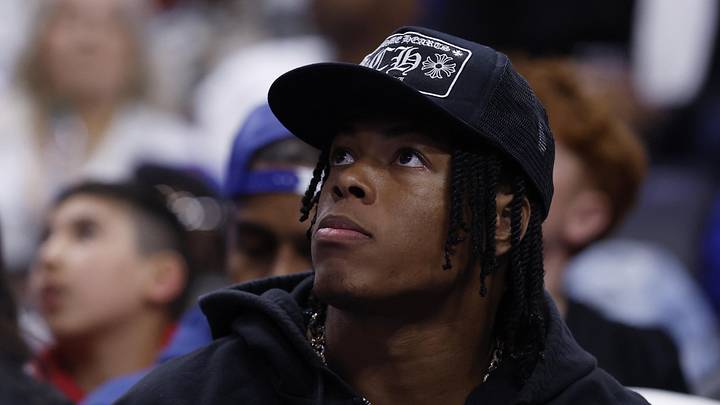 May 5, 2026; Detroit, Michigan, USA; Detroit Lions running back Jahmyr Gibbs looks on in the second half of the game between the Detroit Pistons and the Cleveland Cavaliers during game one of the second round of the 2026 NBA Playoffs at Little Caesars Arena. Mandatory Credit: Rick Osentoski-Imagn Images