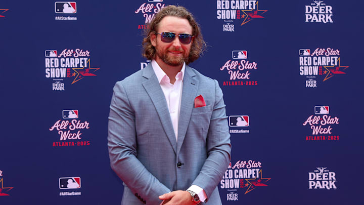 Jul 15, 2025; Atlanta, GA, USA; National League second baseman Brendan Donovan (33) of the St. Louis Cardinals poses for a photo on the red carpet before the 2025 MLB All Star Game at Truist Park. Mandatory Credit: Brett Davis-Imagn Images
