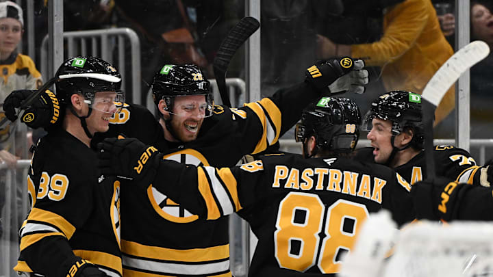Mar 31, 2026; Boston, Massachusetts, USA; Boston Bruins center Elias Lindholm (28) reacts after scoring a goal against the Dallas Stars during the third period at the TD Garden. Mandatory Credit: Brian Fluharty-Imagn Images