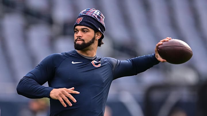 Nov 17, 2024; Chicago, Illinois, USA; Chicago Bears quarterback Caleb Williams (18) warms up before the game against the Green Bay Packers at Soldier Field.