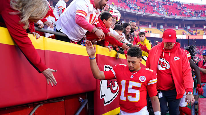 Nov 23, 2025; Kansas City, Missouri, USA; Kansas City Chiefs quarterback Patrick Mahomes (15) greets fans after the game against the Indianapolis Colts at GEHA Field at Arrowhead Stadium. Mandatory Credit: Denny Medley-Imagn Images | Denny Medley-Imagn Images