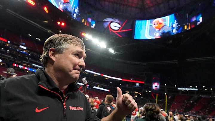 Georgia coach Kirby Smart celebrates after the winning the SEC championship game against Texas in Atlanta, on Saturday, Dec. 7, 2024. Georgia won 22-19. Georgia coach Kirby Smart celebrates after the winning the SEC championship game against Texas in Atlanta, on Saturday, Dec. 7, 2024. Georgia won 22-19.