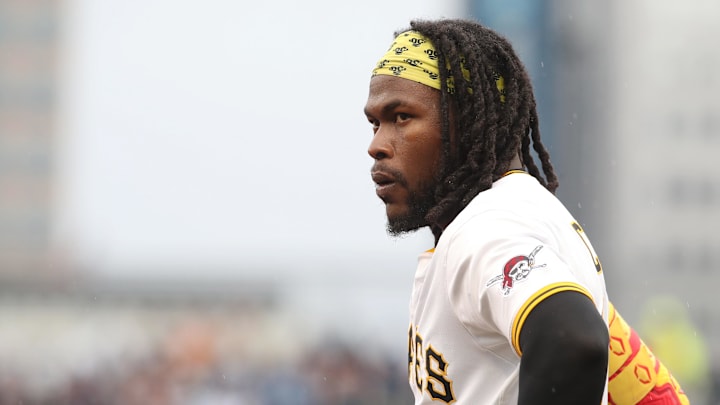 Apr 5, 2025; Pittsburgh, Pennsylvania, USA;  Pittsburgh Pirates center fielder Oneil Cruz (15) stands on third base against the New York Yankees during the fourth inning at PNC Park. Mandatory Credit: Charles LeClaire-Imagn Images