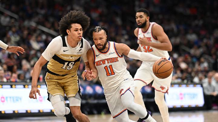 Feb 3, 2026; Washington, District of Columbia, USA; New York Knicks guard Jalen Brunson (11) dribbles the ball in front of Washington Wizards forward Kyshawn George (18) during the third quarter at Capital One Arena. Mandatory Credit: Rafael Suanes-Imagn Images Feb 3, 2026; Washington, District of Columbia, USA; New York Knicks guard Jalen Brunson (11) dribbles the ball in front of Washington Wizards forward Kyshawn George (18) during the third quarter at Capital One Arena. Mandatory Credit: Rafael Suanes-Imagn Images