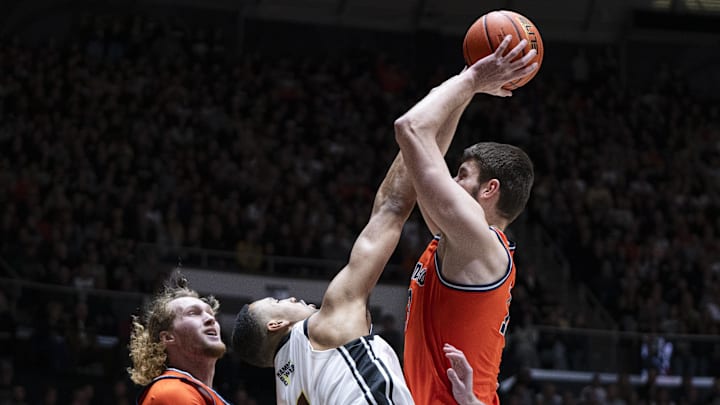 Jan 24, 2026; West Lafayette, Indiana, USA; Illinois Fighting Illini center Tomislav Ivisic (13) shoots the ball during the first half against the Purdue Boilermakers.  Mandatory Credit: Jacob Musselman-Imagn Images