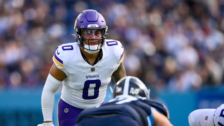 Nov 17, 2024; Nashville, Tennessee, USA;  Minnesota Vikings linebacker Ivan Pace Jr. (0) sneaks a peak into the backfield against the Tennessee Titans during the second half at Nissan Stadium. Mandatory Credit: Steve Roberts-Imagn Images