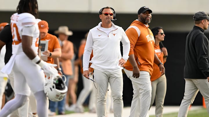 Oct 26, 2024; Nashville, Tennessee, USA; Texas Longhorns head coach Steve Sarkisian watches against the Vanderbilt Commodores  during the first half at FirstBank Stadium. Mandatory Credit: Steve Roberts-Imagn Images