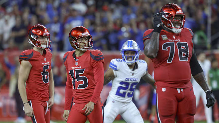 Nov 10, 2024; Houston, Texas, USA; Houston Texans place kicker Ka'imi Fairbairn (15) reacts after missing a field goal during the fourth quarter against the Detroit Lions at NRG Stadium. Mandatory Credit: Troy Taormina-Imagn Images
