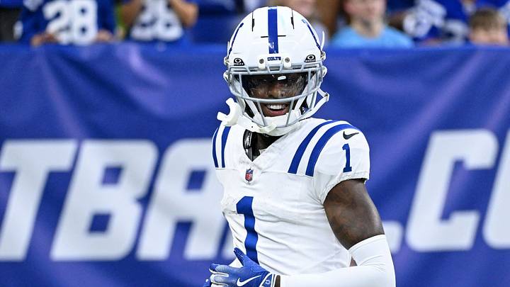 Aug 29, 2026; Indianapolis, Indiana, USA;  Indianapolis Colts cornerback Sauce Gardner (1) reacts after a play against the Detroit Lions during the first half at Lucas Oil Stadium.  Mandatory Credit: Robert Goddin-Imagn Images