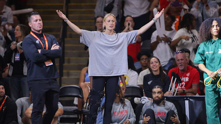 Sep 14, 2025; College Park, Georgia, USA; Indiana Fever guard Sophie Cunningham (8) reacts to a call against the Atlanta Dream in the fourth quarter during game one of round one for the 2025 WNBA Playoffs at Gateway Center Arena at College Park. Mandatory Credit: Brett Davis-Imagn Images
