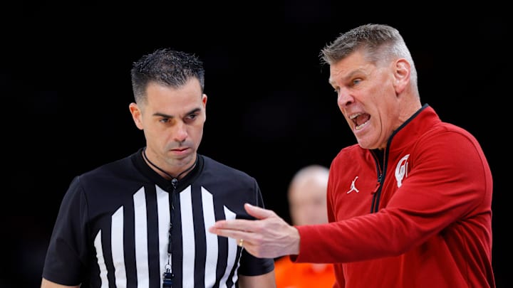 Oklahoma coach Porter Moser argues with an official during a men's college Bedlam basketball game between the University of Oklahoma Sooners (OU) and the Oklahoma State University Cowboys (OSU) at Paycom Center in Oklahoma City, Saturday, Dec. 14, 2024. Oklahoma won 80-65. Oklahoma coach Porter Moser argues with an official during a men's college Bedlam basketball game between the University of Oklahoma Sooners (OU) and the Oklahoma State University Cowboys (OSU) at Paycom Center in Oklahoma City, Saturday, Dec. 14, 2024. Oklahoma won 80-65.