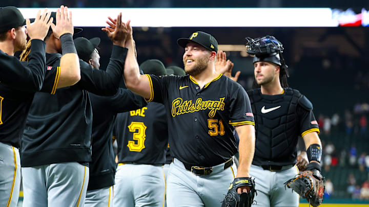 Arlington, Texas, USA; Pittsburgh Pirates relief pitcher David Bednar (51) celebrates with teammates after the game against the Texas Rangers at Globe Life Field.