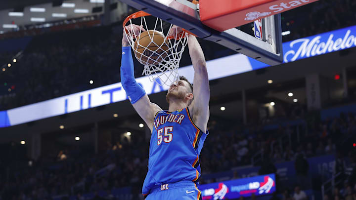 Apr 5, 2026; Oklahoma City, Oklahoma, USA; Oklahoma City Thunder center Isaiah Hartenstein (55) dunks against the Utah Jazz during the second quarter at Paycom Center. Mandatory Credit: Alonzo Adams-Imagn Images