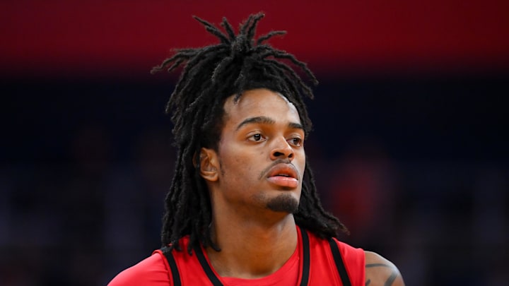 Feb 26, 2025; Syracuse, New York, USA; North Carolina State Wolfpack guard Dennis Parker Jr. (11) looks on prior to the start of the second half against the Syracuse Orange at the JMA Wireless Dome. Mandatory Credit: Rich Barnes-Imagn Images