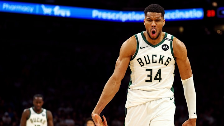 Mar 24, 2025; Phoenix, Arizona, USA; Milwaukee Bucks forward Giannis Antetokounmpo (34) reacts after a play during the second quarter against the Phoenix Suns at Footprint Center. Mandatory Credit: Mark J. Rebilas-Imagn Images