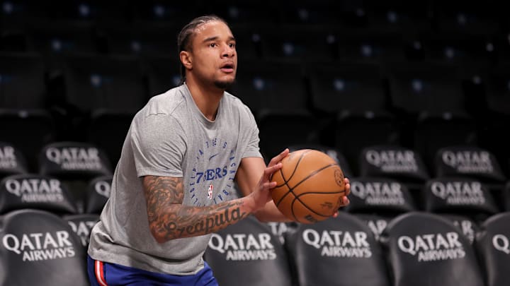 Feb 12, 2025; Brooklyn, New York, USA; Philadelphia 76ers forward Chuma Okeke (18) warms up before a game against the Brooklyn Nets at Barclays Center. Mandatory Credit: Brad Penner-Imagn Images