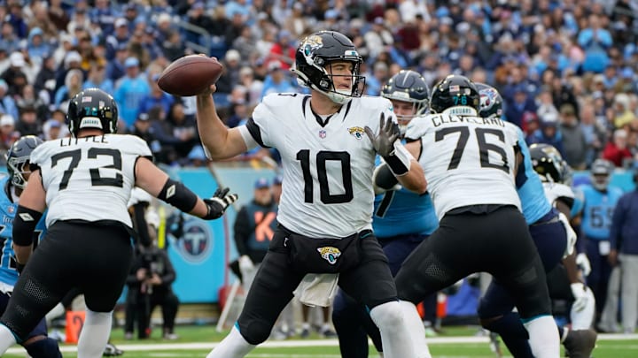 Jacksonville Jaguars quarterback Mac Jones (10) passes during the third quarter at Nissan Stadium in Nashville, Tenn., Sunday, Dec. 8, 2024.