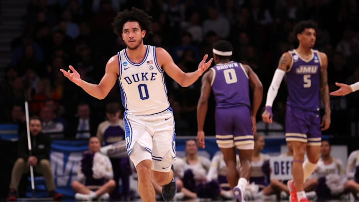 Mar 24, 2024; Brooklyn, NY, USA; Duke Blue Devils guard Jared McCain (0) reacts after a basket