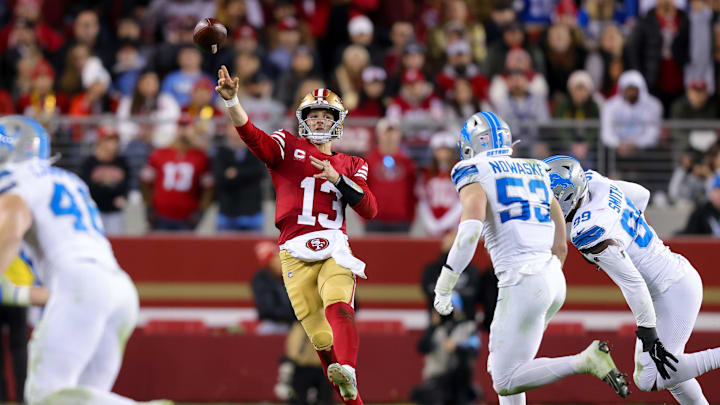 Dec 30, 2024; Santa Clara, California, USA; San Francisco 49ers quarterback Brock Purdy (13) during the game against the Detroit Lions at Levi's Stadium. Mandatory Credit: Sergio Estrada-Imagn Images