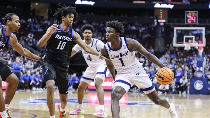 Mar 9, 2024; Newark, New Jersey, USA;  Seton Hall Pirates guard Kadary Richmond (1) looks to drive