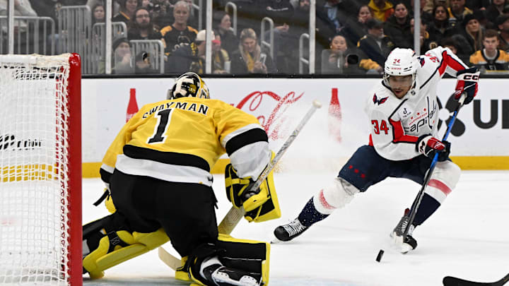 Mar 7, 2026; Boston, Massachusetts, USA; Washington Capitals center Justin Sourdif (34) attempts a shot against Boston Bruins goaltender Jeremy Swayman (1) during the second period at the TD Garden. Mandatory Credit: Brian Fluharty-Imagn Images