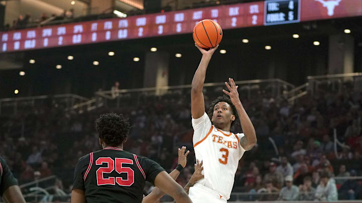 Jan 24, 2026; Austin, Texas, USA; Texas Longhorns guard Dailyn Swain (3) takes a jump shot during the first half against the Georgia Bulldogs at Moody Center. Mandatory Credit: Dustin Safranek-Imagn Images