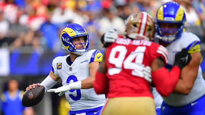 Sep 22, 2024; Inglewood, California, USA; Los Angeles Rams quarterback Matthew Stafford (9) throws against the San Francisco 49ers during the first half at SoFi Stadium. Mandatory Credit: Gary A. Vasquez-Imagn Images Sep 22, 2024; Inglewood, California, USA; Los Angeles Rams quarterback Matthew Stafford (9) throws against the San Francisco 49ers during the first half at SoFi Stadium. Mandatory Credit: Gary A. Vasquez-Imagn Images
