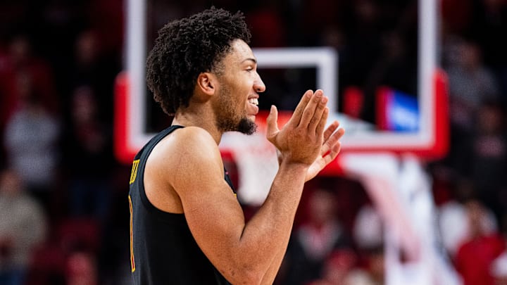 Jan 22, 2025; Lincoln, Nebraska, USA; Southern California Trojans guard Desmond Claude (1) celebrates near the end of the second half against the Nebraska Cornhuskers at Pinnacle Bank Arena. Mandatory Credit: Dylan Widger-Imagn Images