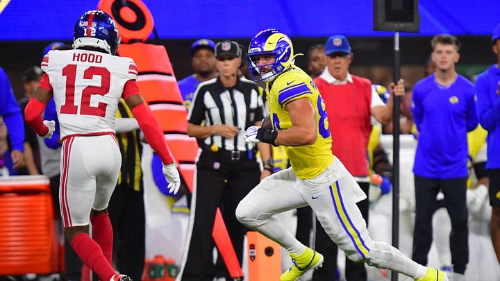Sep 21, 2026; Inglewood, California, USA; Los Angeles Rams tight end Colby Parkinson (84) runs against New York Giants cornerback Colton Hood (12) during the fourth quarter at SoFi Stadium. Mandatory Credit: Gary A. Vasquez-Imagn Images Sep 21, 2026; Inglewood, California, USA; Los Angeles Rams tight end Colby Parkinson (84) runs against New York Giants cornerback Colton Hood (12) during the fourth quarter at SoFi Stadium. Mandatory Credit: Gary A. Vasquez-Imagn Images