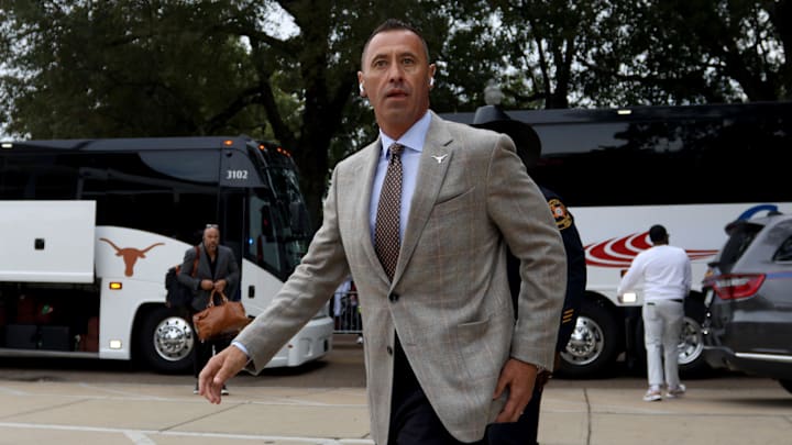 Oct 25, 2025; Starkville, Mississippi, USA; Texas Longhorns head coach Steve Sarkisian walk from the bus into Davis Wade Stadium at Scott Field prior to the game against the Mississippi State Bulldogs. Mandatory Credit: Petre Thomas-Imagn Images