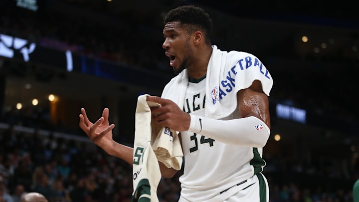 Oct 31, 2024; Memphis, Tennessee, USA; Milwaukee Bucks forward Giannis Antetokounmpo (34) reacts from the bench area during the first half against the Memphis Grizzlies at FedExForum. Mandatory Credit: Petre Thomas-Imagn Images