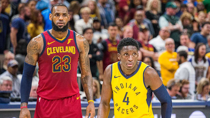 Apr 22, 2018; Indianapolis, IN, USA; Cleveland Cavaliers forward LeBron James (23) and Indiana Pacers guard Victor Oladipo (4) waiting for a free throw attempt in the second half of game four in the first round of the 2018 NBA Playoffs at Bankers Life Fieldhouse. Mandatory Credit: Trevor Ruszkowski-Imagn Images Apr 22, 2018; Indianapolis, IN, USA; Cleveland Cavaliers forward LeBron James (23) and Indiana Pacers guard Victor Oladipo (4) waiting for a free throw attempt in the second half of game four in the first round of the 2018 NBA Playoffs at Bankers Life Fieldhouse. Mandatory Credit: Trevor Ruszkowski-Imagn Images