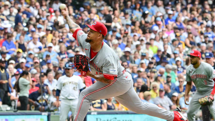 Jun 16, 2024; Milwaukee, Wisconsin, USA; Cincinnati Reds starting pitcher Frankie Montas (47) pitches against the Milwaukee Brewers in the first inning at American Family Field. Mandatory Credit: Benny Sieu-USA TODAY Sports