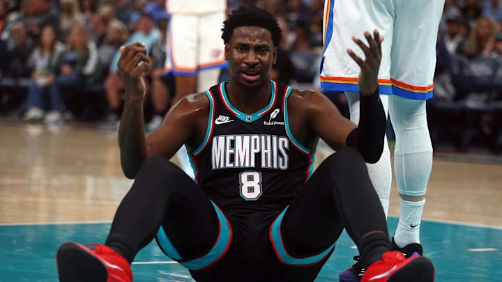 Nov 9, 2025; Memphis, Tennessee, USA; Memphis Grizzlies forward/center Jaren Jackson Jr. (8) reacts during the first quarter against the Oklahoma City Thunder at FedExForum. Mandatory Credit: Petre Thomas-Imagn Images Nov 9, 2025; Memphis, Tennessee, USA; Memphis Grizzlies forward/center Jaren Jackson Jr. (8) reacts during the first quarter against the Oklahoma City Thunder at FedExForum. Mandatory Credit: Petre Thomas-Imagn Images