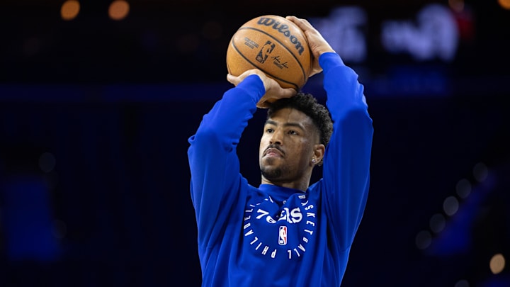 Feb 22, 2025; Philadelphia, Pennsylvania, USA; Philadelphia 76ers guard Quentin Grimes before action against the Brooklyn Nets at Wells Fargo Center. Mandatory Credit: Bill Streicher-Imagn Images