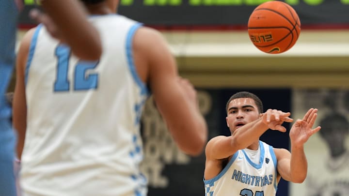 July 17, 2024; North Augusta, S.C., USA; Nightrydas Elite's Dante Allen (35) passes the ball to Cameron Boozer (12) during the Nightrydas Elite and Team Herro game at the Nike Peach Jam at Riverview Park Activities Center. Nightrydas Elite won 88-58. Mandatory Credit: Katie Goodale-USA TODAY Network July 17, 2024; North Augusta, S.C., USA; Nightrydas Elite's Dante Allen (35) passes the ball to Cameron Boozer (12) during the Nightrydas Elite and Team Herro game at the Nike Peach Jam at Riverview Park Activities Center. Nightrydas Elite won 88-58. Mandatory Credit: Katie Goodale-USA TODAY Network