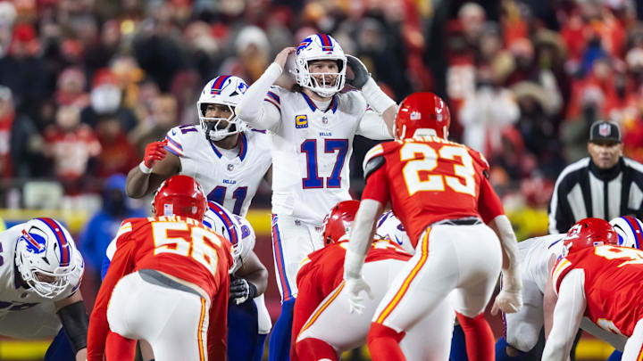 Jan 26, 2025; Kansas City, MO, USA; Buffalo Bills quarterback Josh Allen (17) reacts against the Kansas City Chiefs during the AFC Championship Game