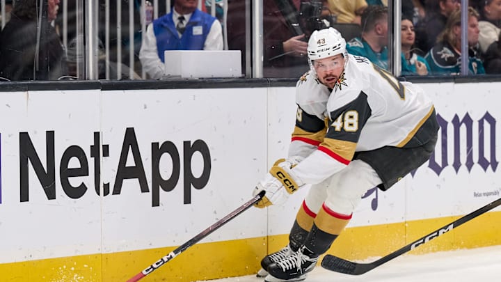 Jan 11, 2026; San Jose, California, USA; Vegas Golden Knights center Tomas Hertl (48) plays the puck against the San Jose Sharks during the third period at SAP Center at San Jose. Mandatory Credit: Robert Edwards-Imagn Images