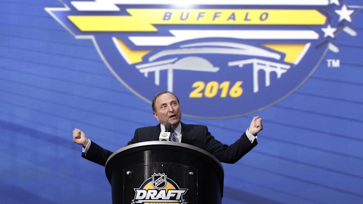Jun 24, 2016; Buffalo, NY, USA; NHL commissioner Gary Bettman speaks on stage before the start of the first round of the 2016 NHL Draft at the First Niagra Center. Mandatory Credit: Timothy T. Ludwig-Imagn Images Jun 24, 2016; Buffalo, NY, USA; NHL commissioner Gary Bettman speaks on stage before the start of the first round of the 2016 NHL Draft at the First Niagra Center. Mandatory Credit: Timothy T. Ludwig-Imagn Images