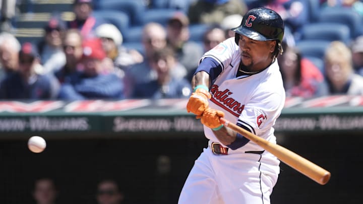 Apr 25, 2024; Cleveland, Ohio, USA; Cleveland Guardians designated hitter Jose Ramirez (11) hits a grand slam.