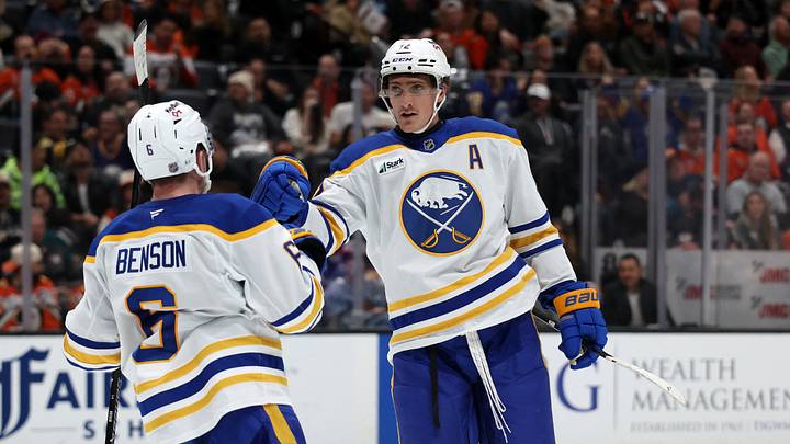 Buffalo Sabres center Tage Thompson (72) celebrates with left wing Zach Benson (6) after scoring a goal during the second period against the Anaheim Ducks at Honda Center. Mandatory Credit: Kiyoshi Mio-Imagn Images