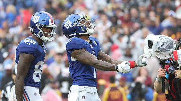 Oct 11, 2026; Landover, Maryland, USA; New York Giants wide receiver Malik Nabers (1) celebrates a touchdown during the fourth quarter against the Washington Commanders at Northwest Stadium. Oct 11, 2026; Landover, Maryland, USA; New York Giants wide receiver Malik Nabers (1) celebrates a touchdown during the fourth quarter against the Washington Commanders at Northwest Stadium.
