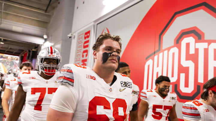 Jan 20, 2025; Atlanta, GA, USA; Ohio State Buckeyes offensive lineman George Fitzpatrick (68) against the Notre Dame Fighting Irish during the CFP National Championship college football game at Mercedes-Benz Stadium. Mandatory Credit: Mark J. Rebilas-Imagn Images
